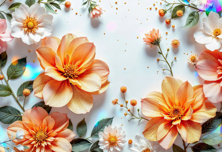 A stunning display of vibrant flowers in hues of orange and white, surrounded by lush green leaves. The arrangement is accented by golden details, adding a touch of elegance and vibrancy.の素材