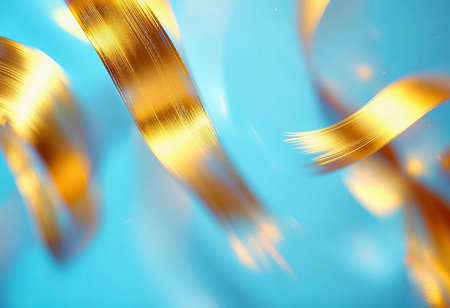 Golden ribbons swirl elegantly through a tranquil blue atmosphere, creating a sense of movement and joy. The interplay of colors captivates the viewer's imagination and evokes a festive spirit.の素材