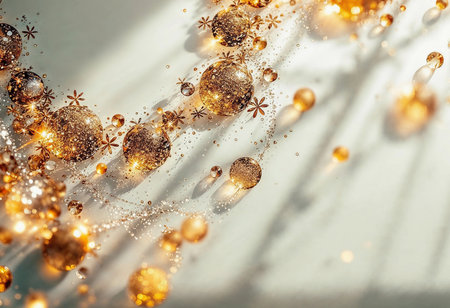 Delicate golden orbs suspended in mid-air create a captivating display. Sparkling reflections and soft shadows enhance the enchanting feel, evoking warmth and joy in an ethereal setting.の素材