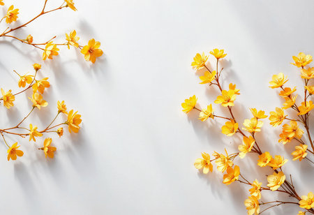 Delicate yellow blossoms are elegantly arranged on a bright white surface, creating a vibrant contrast. Their soft petals and gentle shadows add a touch of cheerfulness to the setting.の素材