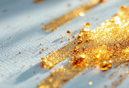 Tiny droplets and shimmering particles of gold glitter create a mesmerizing effect on a textured background, illuminated beautifully by warm morning light, enhancing their brilliance and allure.の素材
