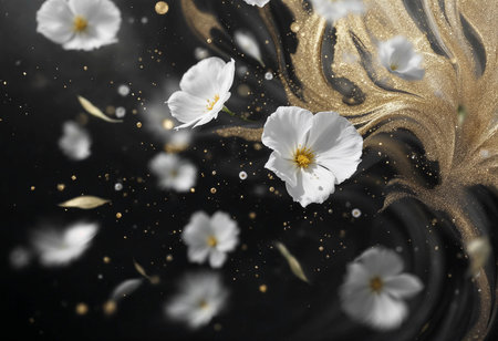 Delicate white flowers float gracefully in a dreamy space adorned with shimmering gold accents. The ethereal vibe captures a moment of natural elegance and tranquility, inviting calm.の素材