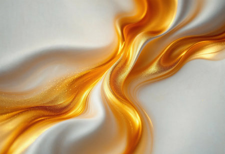 Delicate golden waves ripple across a smooth, white fabric, creating an enchanting visual harmony. The interplay of light and texture evokes luxury and elegance in this tranquil moment.の素材