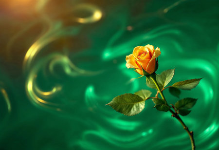 An elegant orange rose stands tall, surrounded by fluid green patterns that dance softly in the background. Golden light bathes the scene, highlighting the rose's beauty during a serene moment.の素材
