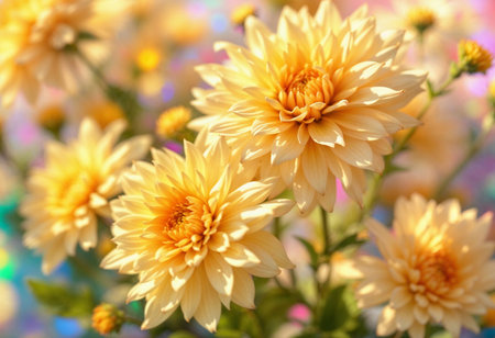 A cluster of radiant yellow flowers blooms, their petals unfolding gracefully. Soft colors glisten behind, creating a magical atmosphere full of warmth and joy. Nature's beauty shines brightly.の素材