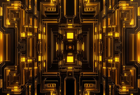 Intricate golden patterns weave together to create a mesmerizing tapestry against a deep black background, evoking a sense of depth and technological wonder in a futuristic space.の素材