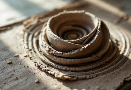 Hands shape raw clay into a stunning rose, showcasing artistry and patience amid warm sunlight. The interplay of light enhances the delicate spirals, inviting admiration of craftsmanship.の素材