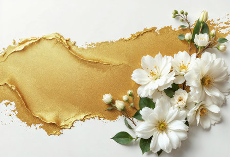 Golden glitter spills across a soft surface, beautifully contrasting with a cluster of pristine white flowers. The scene radiates elegance, perfect for celebrations or artistic endeavors.の素材