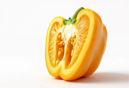 A freshly cut yellow bell pepper reveals its juicy interior, showcasing the intricate patterns of its skin and clusters of seeds nestled within. Perfect for culinary inspiration.の素材