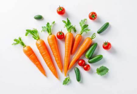 A collection of bright orange carrots, small red tomatoes, and green cucumbers spread out attractively on a pristine white background, celebrating the beauty of fresh produce.の素材