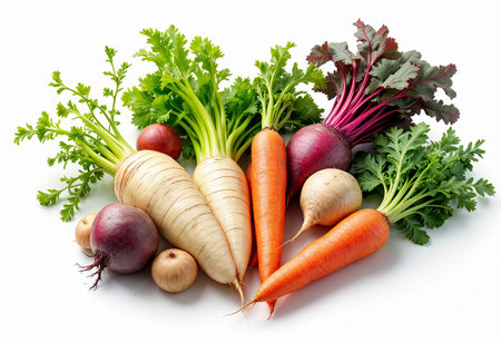 Bright and vibrant root vegetables sit harmoniously on a crisp surface. The diverse selection includes radishes, carrots, and other earthy delights, showcasing nature's bounty.の素材