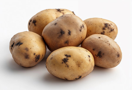 Several rustic potatoes display their earthy tones and unique shapes, showcasing the harvest's bounty. Their rough skin and varying sizes highlight the beauty of natural produce.の素材