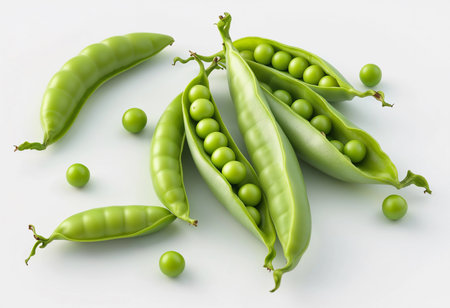 Fresh green peas and their pods are artfully displayed on a bright white surface, showcasing the vibrant color and natural textures. This arrangement captures the essence of springtime freshness.の素材