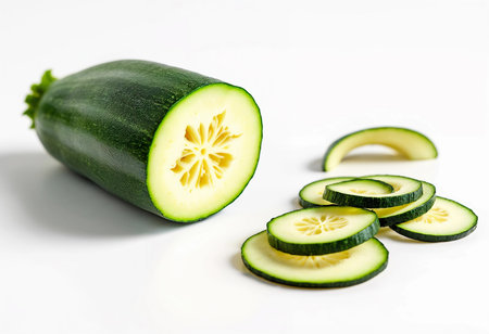 Bright green zucchini rests on a smooth surface, partially sliced into circular pieces. The vibrant color contrasts beautifully against the clean backdrop, showcasing its freshness and crispness.の素材