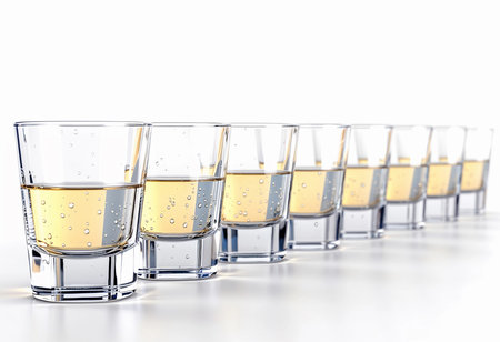 Twelve clear glasses filled with golden liquid sparkle under soft lighting. The atmosphere is lively, suggesting a gathering or celebration at a cozy venue.の素材