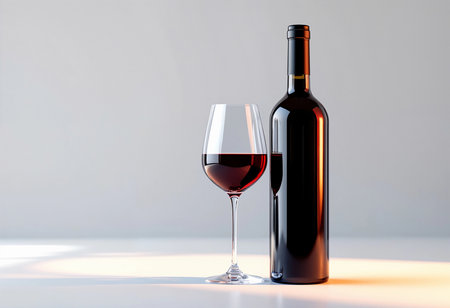 A beautifully crafted wine bottle stands tall beside a filled glass, reflecting soft light. The rich red liquid captures the warmth of the surroundings, inviting relaxation and enjoyment.の素材