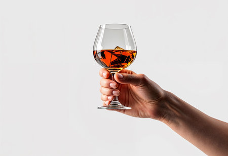 A hand elegantly holds a crystal glass filled with amber liquid and a large ice cube. The minimalist white backdrop highlights the drink's rich color and sophisticated presentation.の素材