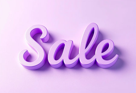 A vibrant purple sign with the word Sale elegantly crafted stands out against a gentle pastel backdrop. This eye-catching display beckons customers to discover amazing deals.の素材