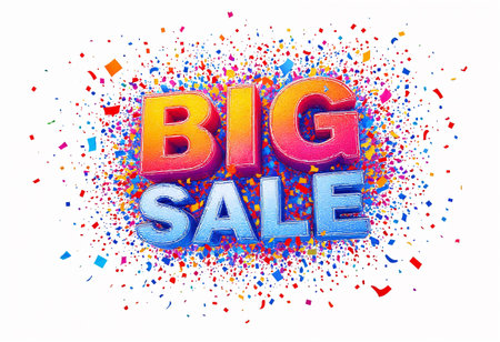 Vibrant letters proclaiming a big sale explode with colorful confetti, creating a festive atmosphere. The energetic design conveys enthusiasm and invites shoppers to join the celebration.の素材