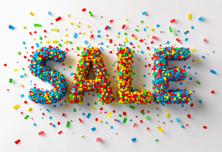 Vibrant letters form the word sale, crafted from colorful confetti scattered across a white surface. This playful display invites excitement and captures attention effortlessly.の素材