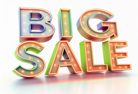 Bold and colorful letters gleam with lights, beckoning shoppers to explore the enticing offers at a lively sale in a bustling market, promising great deals and festive excitement.の素材
