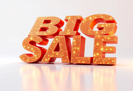 Eye-catching golden letters express the excitement of a big sale. Bright lights sparkle against a clean white backdrop, creating an enticing invitation for shoppers to explore amazing deals.の素材