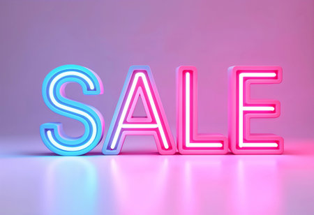 Bright neon letters spell out sale in pink and blue hues, creating an inviting atmosphere for shoppers. The captivating glow enhances the excitement of retail adventures at dusk.の素材