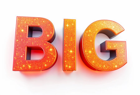 Bright, oversized letters spell out the word big, glowing with orange and gold lights. The design radiates energy and celebration, perfect for events or art installations.の素材