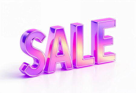 A vibrant purple-yellow sale sign stands out with its glossy finish, enticing shoppers to explore exciting discounts. The gleaming letters reflect light, adding a lively touch to the atmosphere.の素材