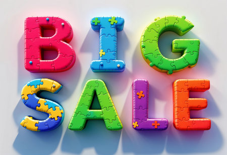 Brightly colored puzzle pieces come together to spell out a cheerful announcement for a special sale. The vivid hues of pink, blue, green, and orange create an inviting atmosphere.の素材
