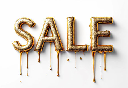 Bright and shiny letters spell out an enticing offer, with golden drips cascading down. This eye-catching display captures attention and invites everyone to join the shopping revelry.の素材