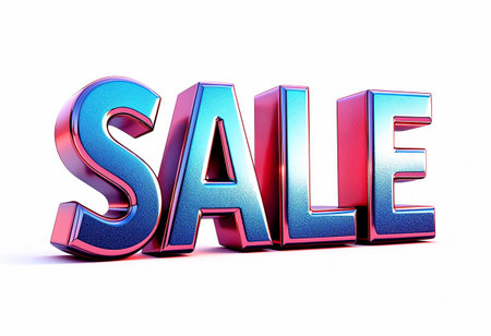 Bold letters spell out sale in a striking gradient of blue and pink, creating an inviting atmosphere for shoppers. The dynamic style catches attention, perfect for promotions.の素材