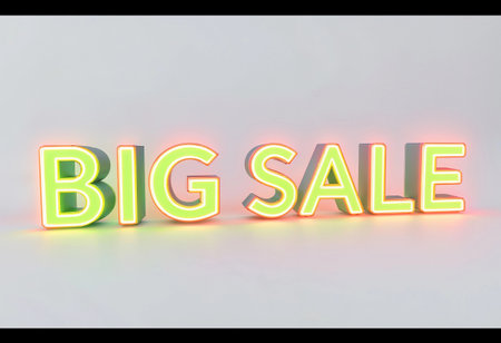 Bold letters glow in neon hues, promoting a big sale event. The bright colors create an inviting atmosphere, perfect for attracting bargain hunters. A lively promotion to engage shoppers.の素材