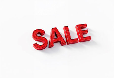 Bold red letters spelling sale glisten against a clean white backdrop, drawing attention to exciting promotions. The vibrant color pops, inviting shoppers to explore offers.の素材