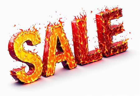 Bold letters are ablaze with vibrant flames, capturing attention with the word that signifies an exciting opportunity for shoppers. The setting radiates energy and enthusiasm.の素材