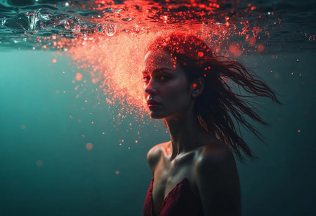 A woman with flowing hair emerges from the depths of a tranquil pool, swirling red illumination surrounding her. The atmosphere captures the essence of serenity mixed with wonder.の素材