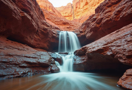 Water rushes over smooth rocks, creating a serene waterfall in a vibrant red canyon. The sun casts a warm glow, illuminating the rugged landscape and tranquil pool below.の素材