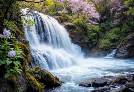 A breathtaking waterfall tumbles over mossy rocks, surrounded by vibrant green foliage and delicate cherry blossoms. The serene atmosphere invites peace and reflection in nature's embrace.の素材
