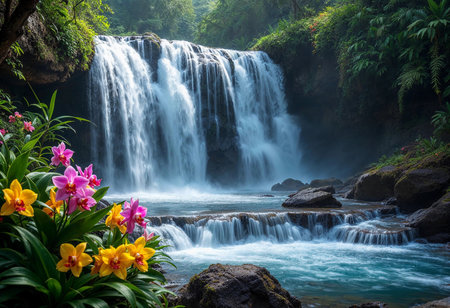 A breathtaking waterfall flows gracefully amidst vibrant foliage and colorful orchids. Sunlight filters through trees, creating a tranquil atmosphere in this tropical haven.の素材