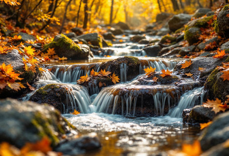 A tranquil stream winds through a vibrant forest, where golden light filters through trees. Colorful leaves float gracefully on the water's surface, enhancing the serene atmosphere.の素材