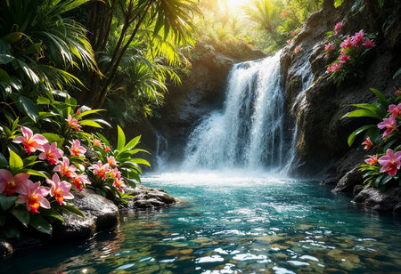 A stunning waterfall flows gently into a crystal-clear pool, framed by lush greenery and vibrant pink flowers. Sunlight filters through the foliage, creating a tranquil paradise.の素材