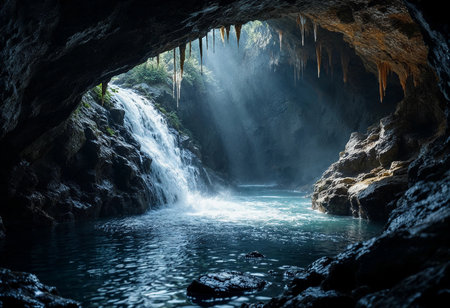 Moonlight filters through the cave's jagged entrance, illuminating the serene waters below.の素材