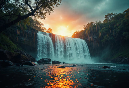 Lush greenery frames a stunning waterfall as sunlight breaks through clouds. The water flows with grace, reflecting colors of the sky, creating a breathtaking natural masterpiece.の素材