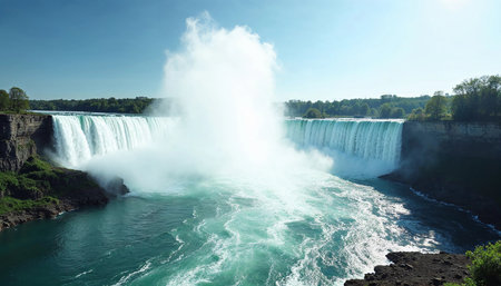 Water rushes powerfully over the cliffs at Niagara Falls, creating a spectacular mist that sparkles in the sunlight. Surrounding greenery enhances the beauty of this natural wonder.の素材