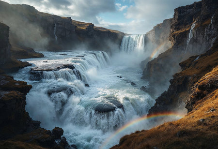 Flowing waters cascade powerfully over rocky cliffs, forming a stunning display of waterfalls.の素材