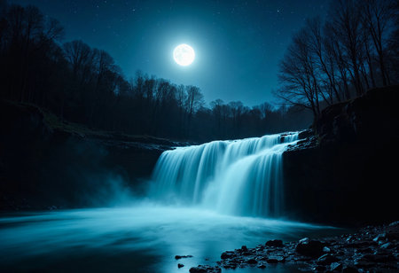 In a tranquil night setting, a stunning waterfall cascades down rocky cliffs, bathed in soft moonlight, while mist rises gently into the cool night air, surrounded by dark silhouettes of trees.の素材