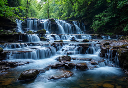 Gentle streams tumble over rocky ledges, creating a tranquil waterfall. Surrounded by vibrant foliage, the peaceful environment invites visitors to connect with nature.の素材