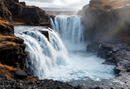 A breathtaking waterfall tumbles over steep cliffs, surrounded by rocky terrain and soft grasses. The powerful water flows into a serene pool, creating mist in the cool, crisp air of Iceland.の素材