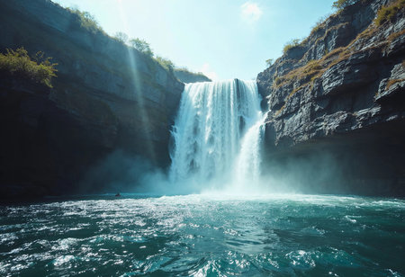 Water tumbles down rocky cliffs, creating mist and a soothing sound as it splashes into the shimmering turquoise water below. Sunlight filters through the trees, enhancing the natural beauty.の素材