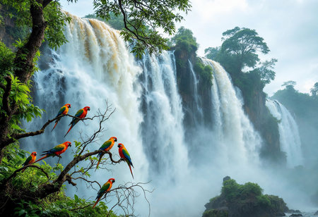 Vibrant parrots gather on branches as a stunning waterfall cascades in the background. The lush greenery and soft mist create a serene and captivating atmosphere.の素材